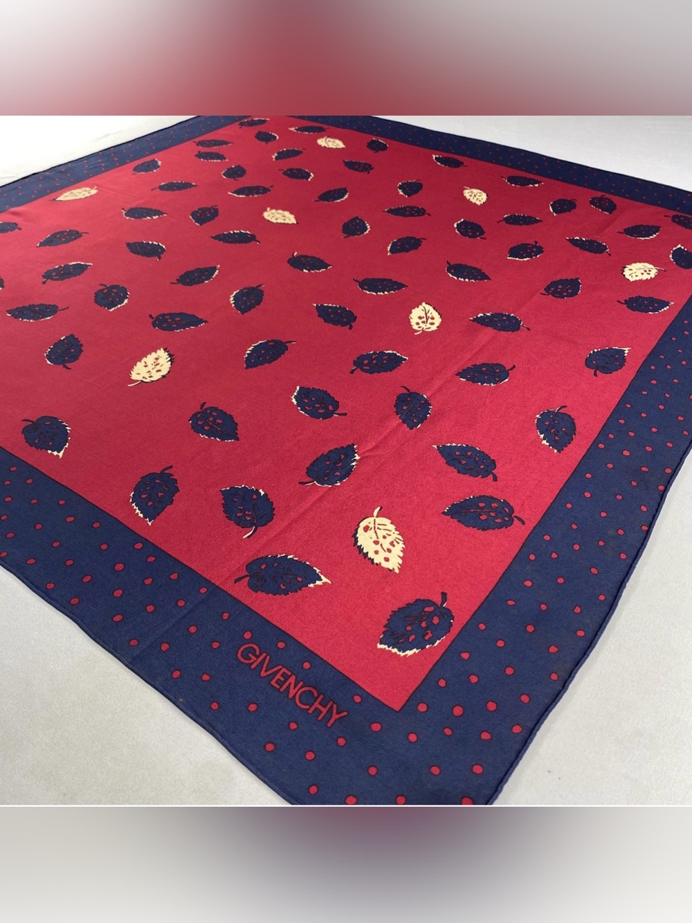 Givenchy Red, Navy & Cream Leaf Motif Silk Scarf